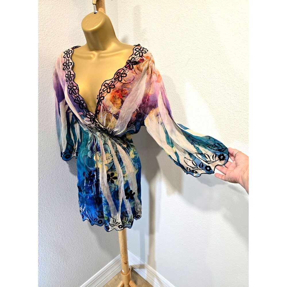 Mushka Sienna Rose Embroidered Tunic Top Womens Lg Rainbow Multicolor Boho Fairy - Picture 1 of 7